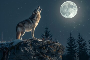 A lone wolf howling at the moon on a snowy night, standing atop a rocky cliff with dark, forested trees in the background.