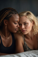 Intimate and Loving Moment Between a Blonde Woman and Woman of Color Sharing a Tender Embrace