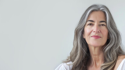 Naklejka premium portrait of a beautiful woman 50-60 years old with long gray hair, on a light background, looking at camera, natural aging, copy space