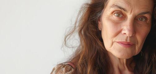 portrait of a beautiful woman 50-60 years old with long dark hair, on a light background, looking at camera, natural aging, copy space