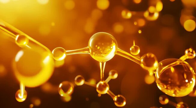 Golden molecular structure with shiny reflective surfaces and bokeh light effects, signifying scientific research or cosmetic formulations.