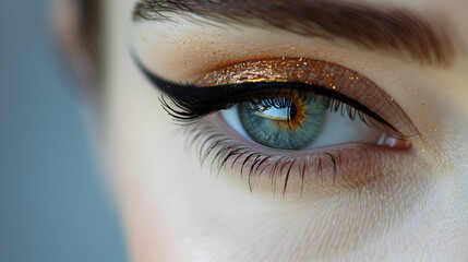 Obraz premium Close-up shot of beautiful woman's eye with golden make-up