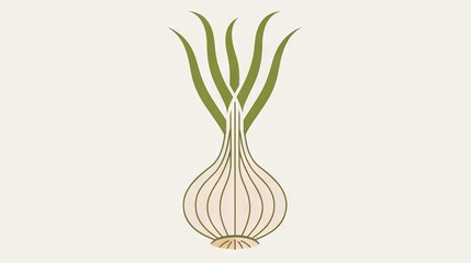   A photo of an onion on a white background with a green stem in the center