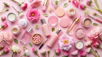 Flat Lay Composition of Pink Flowers and Beauty Products, Beauty , Skincare , Flatlay , Cosmetics