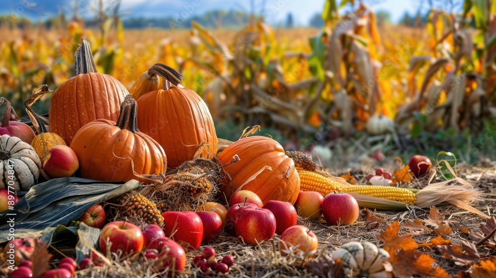 Canvas Prints A close-up of a harvest of pumpkins, apples, and corn, surrounded by fallen leaves in a field.