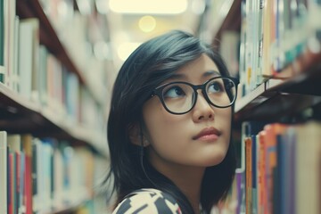 Academic Journals. Young Asian Student Girl Searching for Books in University Library