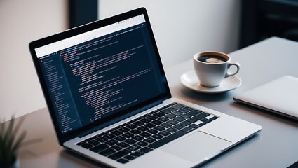 Laptop with Coding on the Screen and a Cup of Coffee on a Desk


