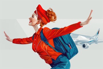A woman in a red jacket and hat, with a blue backpack, reaches her arms out as if she's taking flight, with a plane in the background