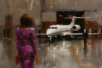 A woman in a purple dress walks toward a private jet that has just pulled out of a hangar, with two men standing nearby