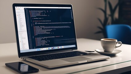 Fototapeta premium Laptop with Coding on the Screen and a Cup of Coffee on a Desk
