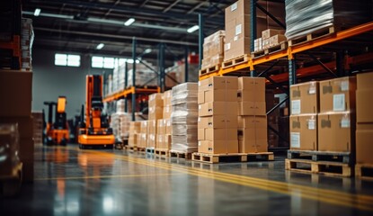 Retail warehouse full of shelves with goods in cartons, with pallets and forklifts. Logistics and transportation blurred background. Product distribution center