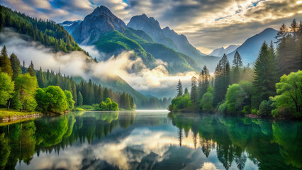 Serene landscape of misty mountains, peaceful lake, and lush green forest, evoking a sense of balance and harmony for the mind, body, and spirit.