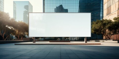 Obraz premium Display a clean, blank screen or billboard mockup for offers or advertisements next to a glass building
