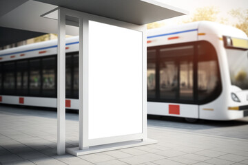 Tram station with white poster for advertising, mockup template