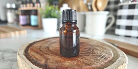 Obraz premium A small, amber bottle of essential oil rests on a circular wooden slice, surrounded by a blurred background of other bottles and household items