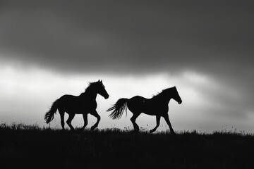 Two black horses run across a field, their silhouettes sharply defined against a dramatic cloudy sky