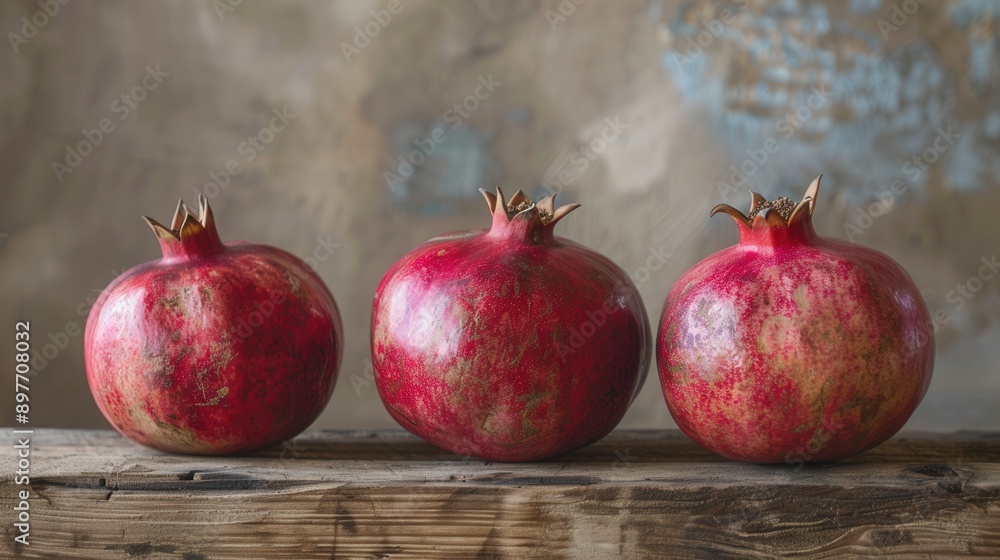Poster three whole red pomegranates with visible seeds are displayed on a rustic wooden surface.