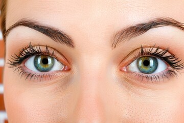 Obraz premium A pair of wide, blue-green eyes stare intensely at the viewer, framed by long, dark eyelashes