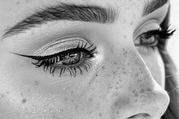Obraz premium A close-up black and white portrait of a woman's eye, accentuated by bold eyeliner and dramatic eyelashes