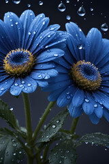 floral wallpaper, macro blue gerberas in the rain on a dark background
