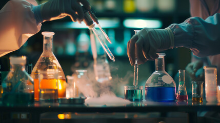 hands conducting experiments in a chemistry lab