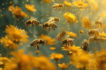 A vibrant image of bees collecting nectar from yellow flowers in a sunlit garden, depicting the beauty and importance of pollinators in nature.
