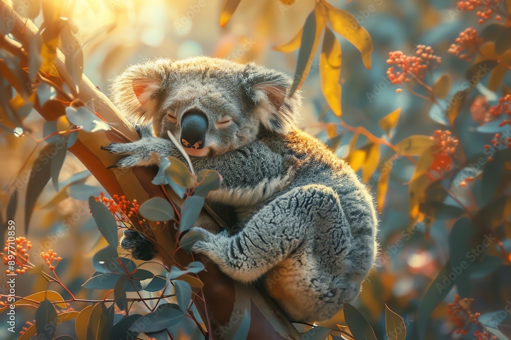 Poster adorable koala resting on a tree branch surrounded by vibrant foliage with gentle sunlight filtering
