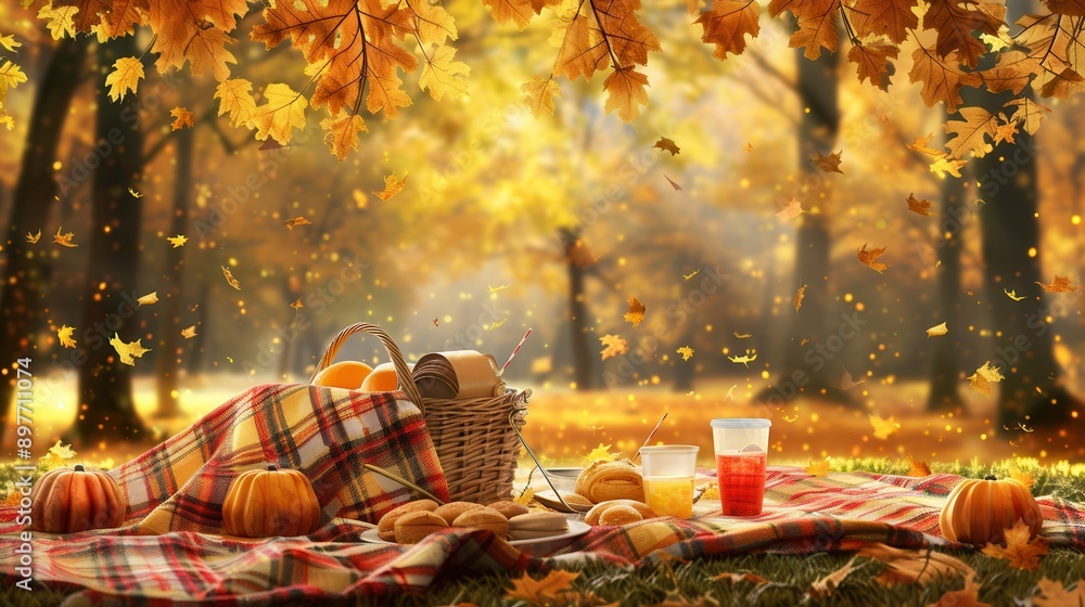 Aufkleber a picnic basket with food and drinks sits on a checkered blanket in a forest. the trees have golden 