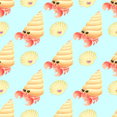 Children's seamless pattern with cute smiling hermit crab and pearl shell on light blue background. Vector illustration