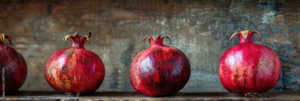 Poster three ripe pomegranates with visible seeds are arranged on a rustic wooden surface, showcasing their