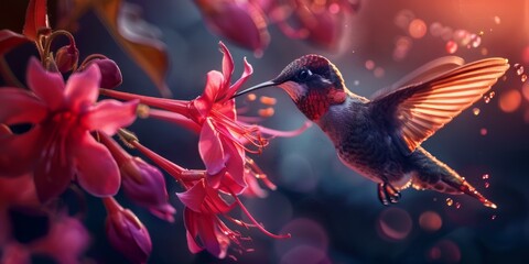 hummingbird feeding through a fuchsia flower, high speed photography.