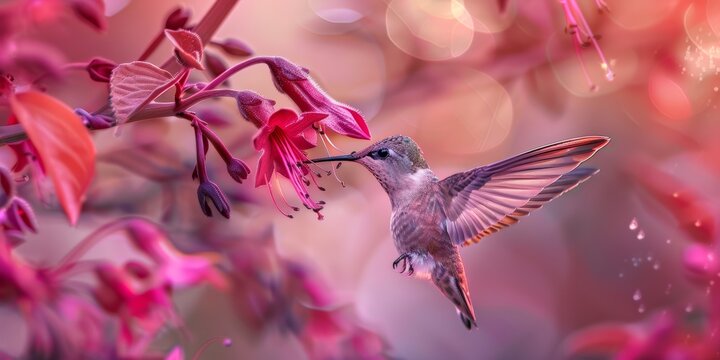 hummingbird feeding through a fuchsia flower, high speed photography.