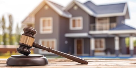 Judge gavel on background of private house, court hammer, housing estate, concept of land, construction, housing, family, bankruptcy law and home purchase, with copy space