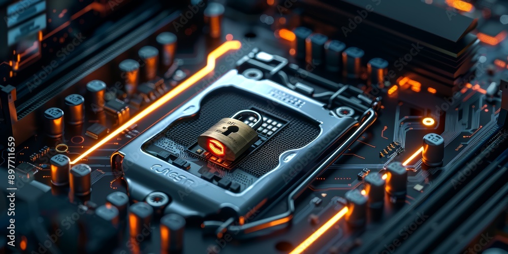 Poster locked padlock placed on a computer motherboard. cybersecurity concept related to the technologies t