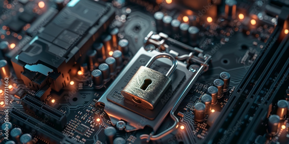 Poster locked padlock placed on a computer motherboard. cybersecurity concept related to the technologies t