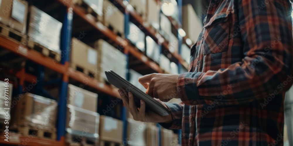 Poster logistics employee is using a digital tablet to match shipping labels with an inventory list. they'r