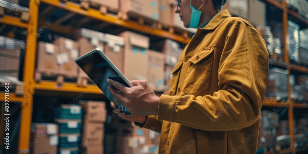 Poster logistics employee is using a digital tablet to match shipping labels with an inventory list. they'r