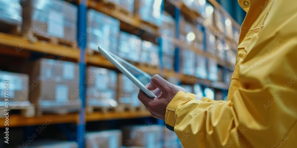Poster logistics employee is using a digital tablet to match shipping labels with an inventory list. they'r