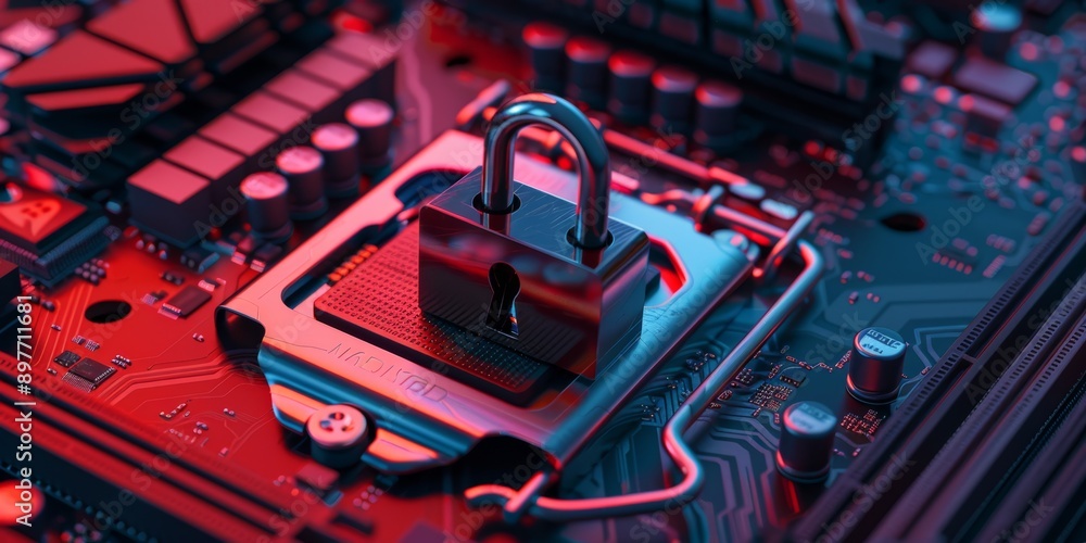 Poster locked padlock placed on a computer motherboard. cybersecurity concept related to the technologies t