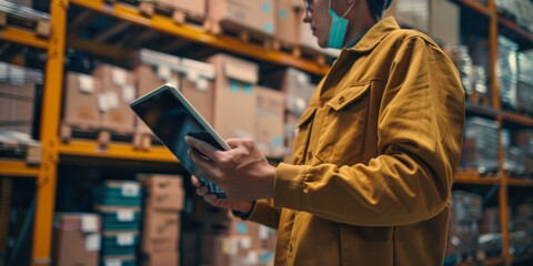 logistics employee is using a digital tablet to match shipping labels with an inventory list. They're managing the inventory with special warehouse software, banner, copy space