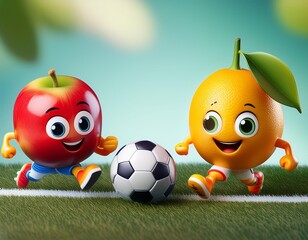 Fruit characters playing a game of soccer