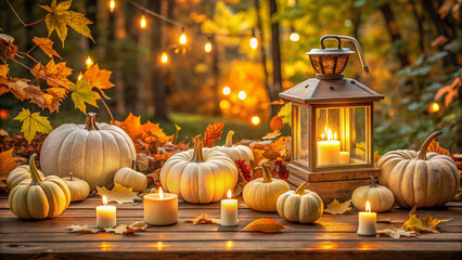 Cozy autumnal setting with white pumpkins, lanterns, and candles on a rustic wooden table, surrounded by rich fall foliage and warm golden lighting.