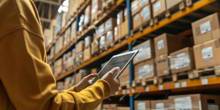 logistics employee is using a digital tablet to match shipping labels with an inventory list. They're managing the inventory with special warehouse software, banner, copy space