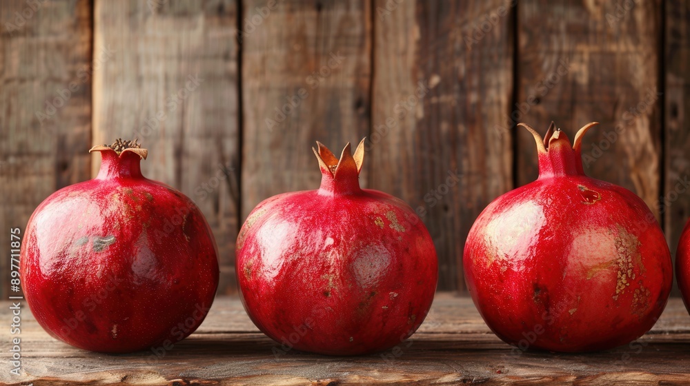 Poster three ripe pomegranates with visible seeds sit on a rustic wooden background.