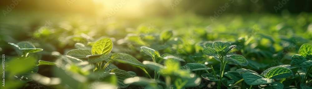 Wall mural A serene field of green plants basking in the warm glow of sunlight, embodying nature's tranquility and vibrant growth.