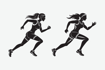 Obraz premium Black vector silhouette of a young woman runner in athletic action
