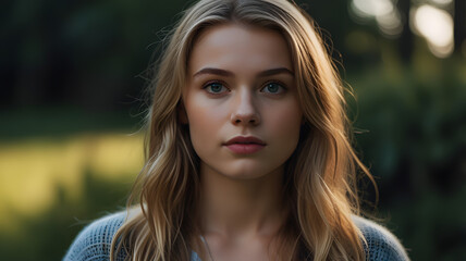 Obraz premium Portrait style image featuring a young woman with striking facial features. She has fair skin, bright blue eyes, and long, wavy blonde hair that frames her face. Her expression is neutral