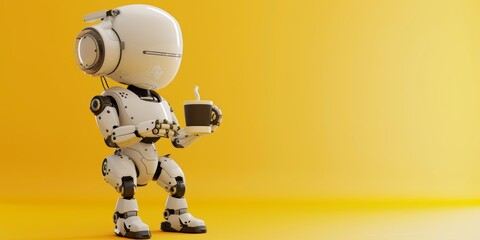 Modern White Robot Enjoying Coffee on yellow background. Futuristic Lifestyle Technology Concept of daily life, with copy space