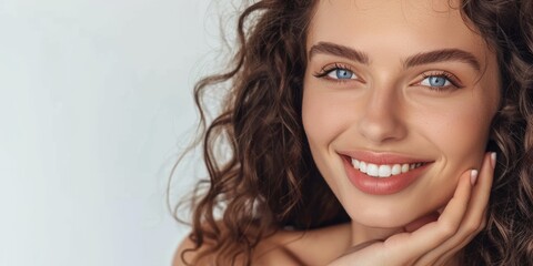 Natural beautiful woman portrait with healthy face skin. Open smiling beautiful brunette woman with curly hair. Beauty, cosmetics skincare, dental care advertising concept, with Copy Space