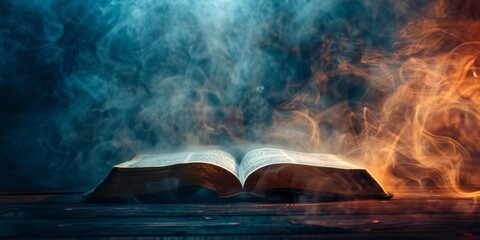 Open bible on a dark background with rays of light and smoke, with copy space